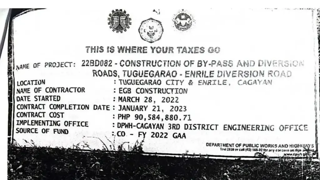 RESIBO. The project billboard for the Tuguegarao-Enrile Bypass and Diversion Road indicates its completion for more than six months before the DPWH obtained an ECC. (Courtesy of LGU Enrile)